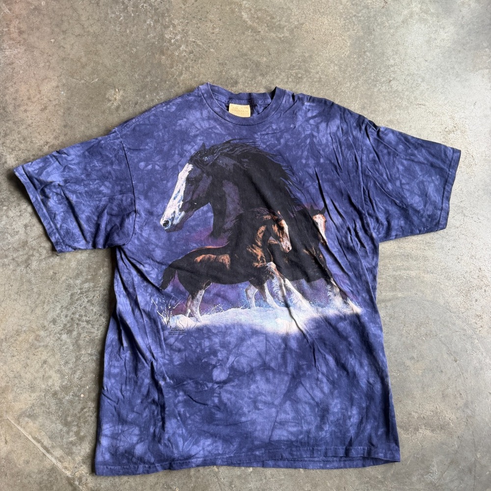 Vintage The Mountain T Shirt Mens 2XL Blue Tie Dye Horses Running Graphic USA
